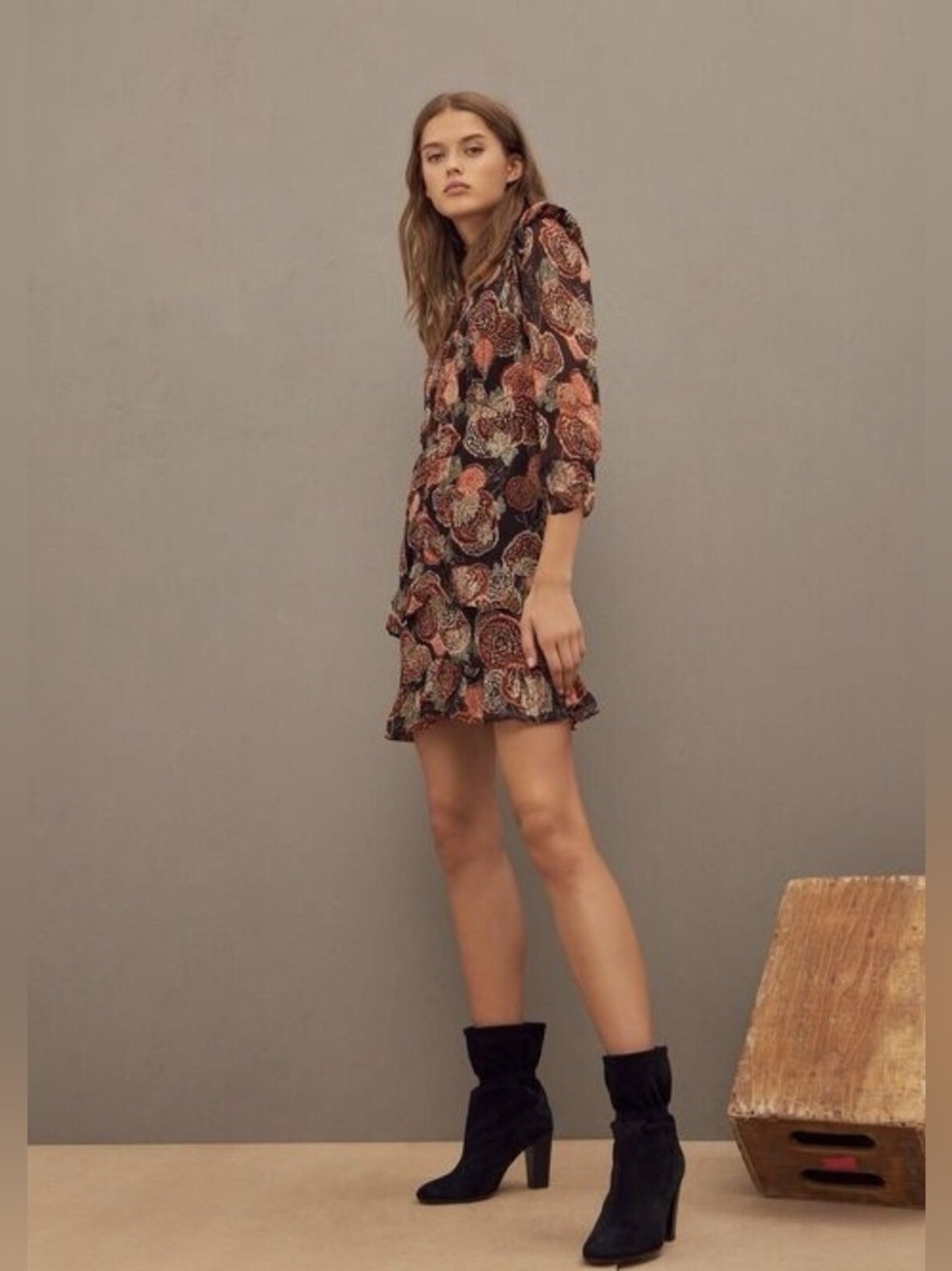 BA&SH Black & Rust Paisley Ruffle Hem Dress size 4
